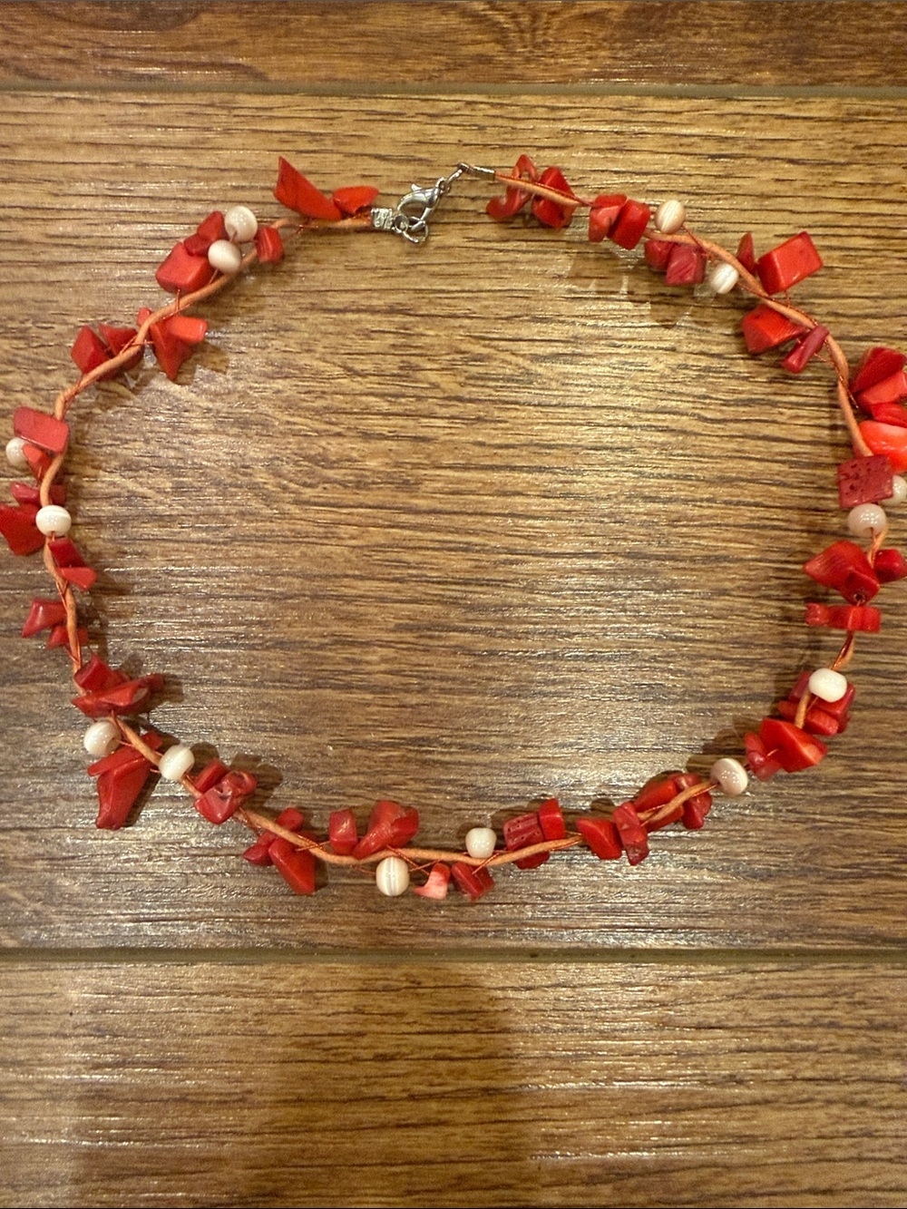 Vibrant Red Coral Chip and Cats Eye Accent Necklace